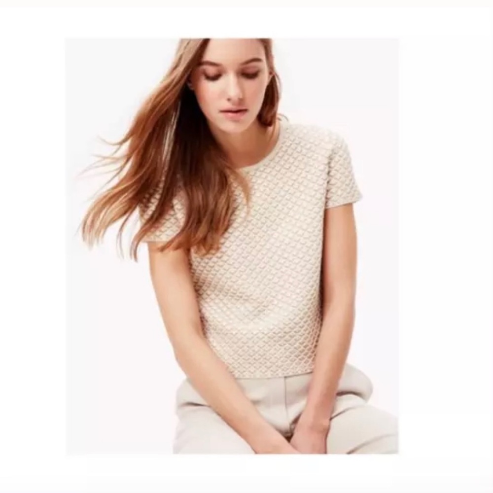 Theory beige “ Ferson Glossed”  boxy texture Top short sleeve casual